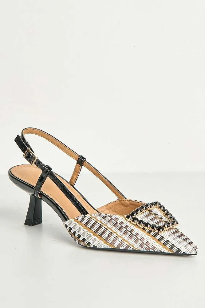 Nora Brooch Detail Textured Slingback Court Shoes in Black