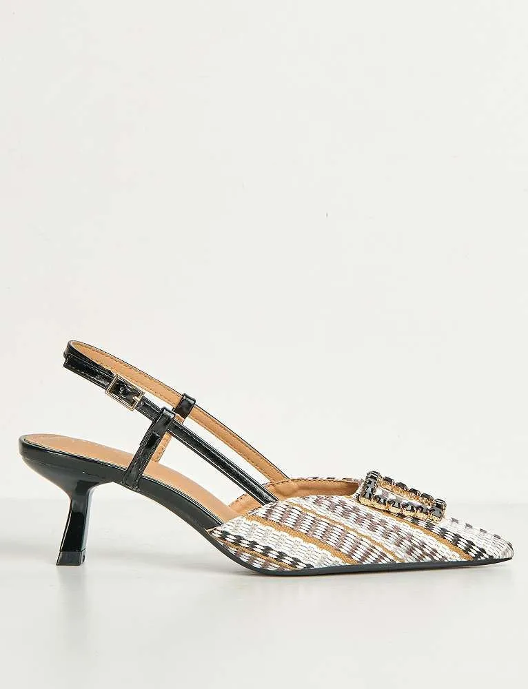 Nora Brooch Detail Textured Slingback Court Shoes in Black