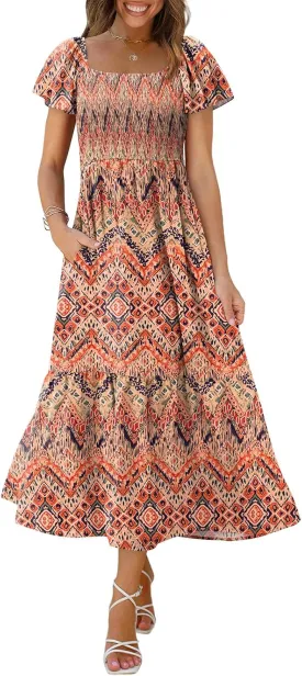 OFEEFAN Summer Dresses for Women Square Neck Ruffle Sleeve Smocked Maxi Dress with Pockets