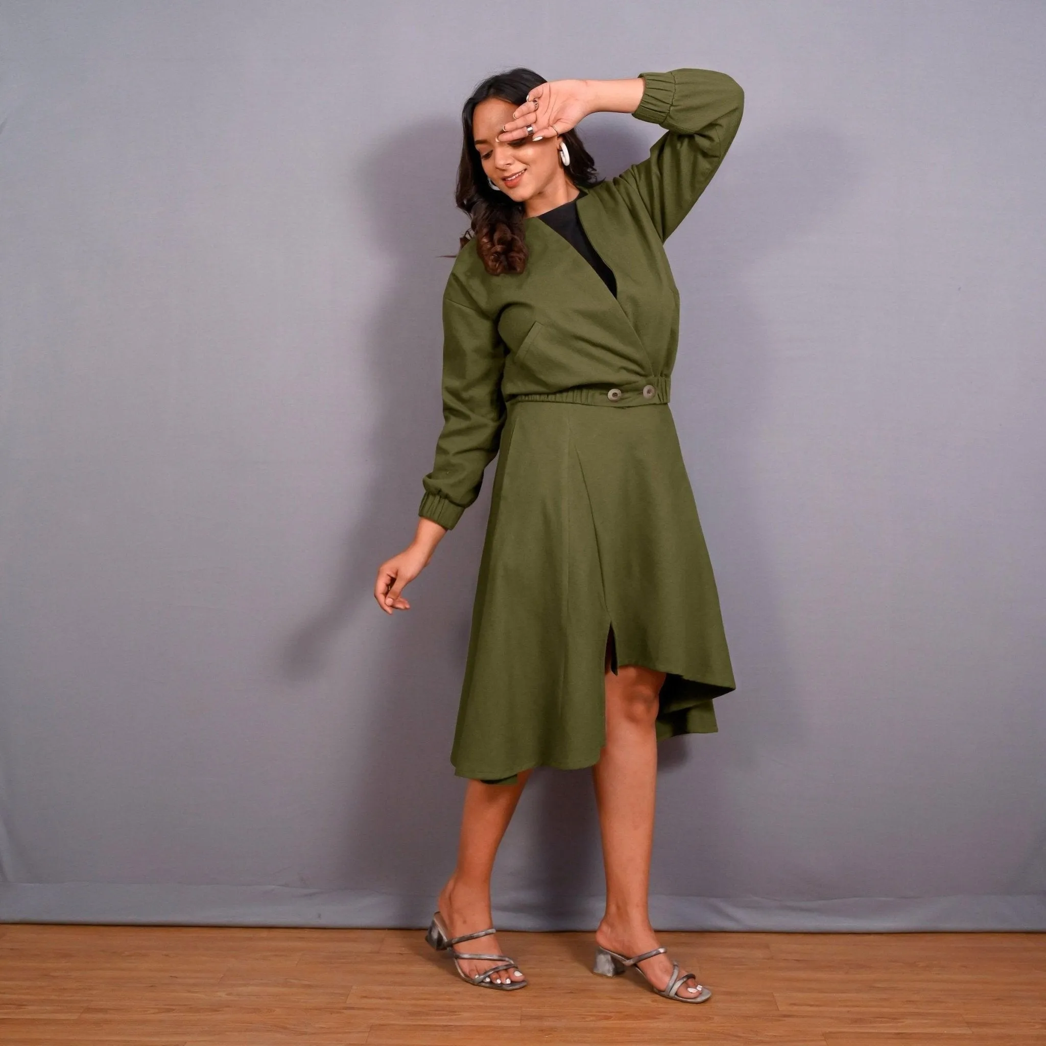 Olive Green Warm Cotton Flannel Double-Breasted Bomber Jacket