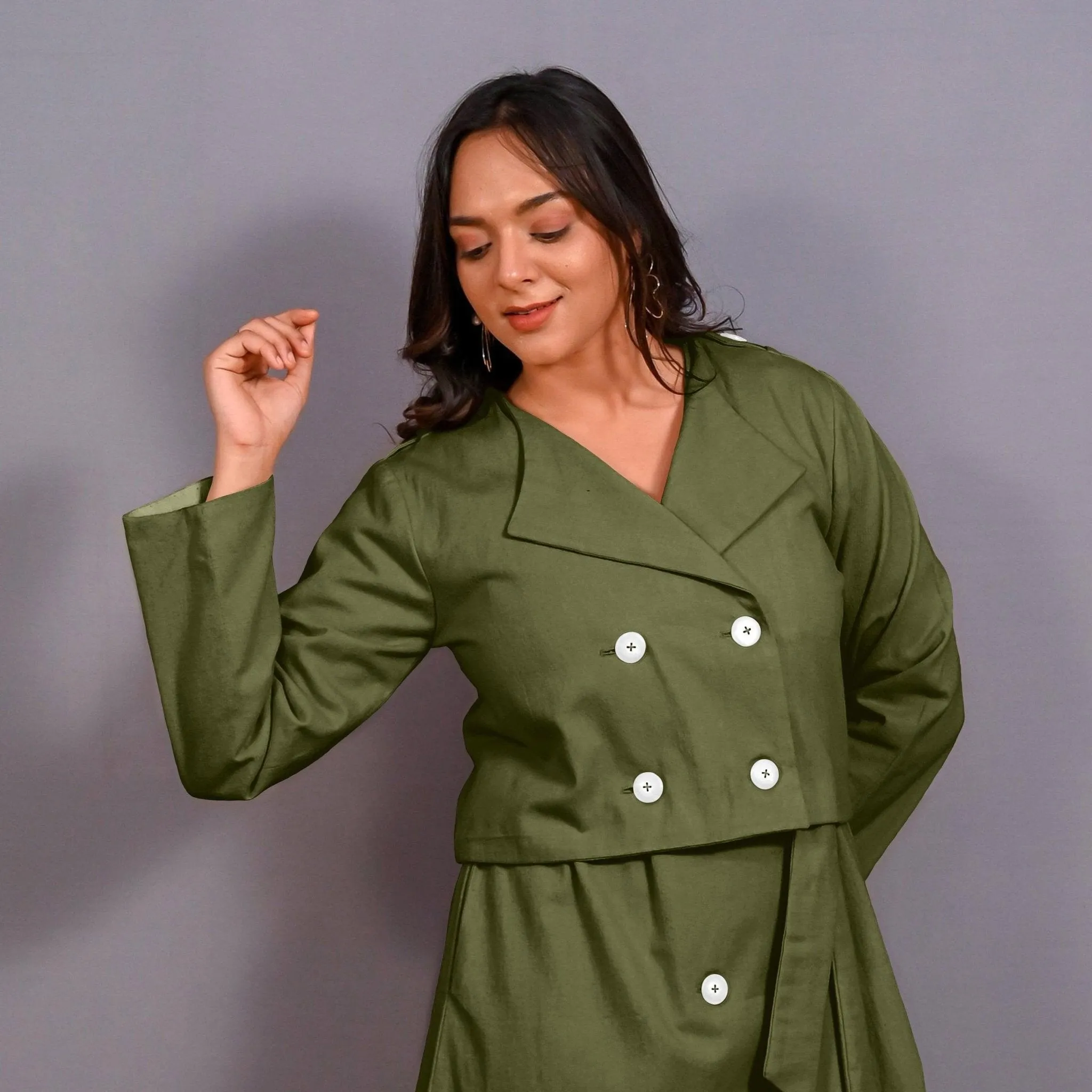 Olive Green Warm Cotton Flannel Double-Breasted Button-Down Shacket