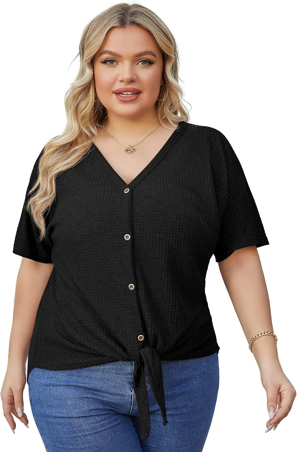 OLRIK Womens Plus Size Tops Short Sleeve V Neck Waffle Knit Tunic Blouse Tie Front Button Up T Shirts