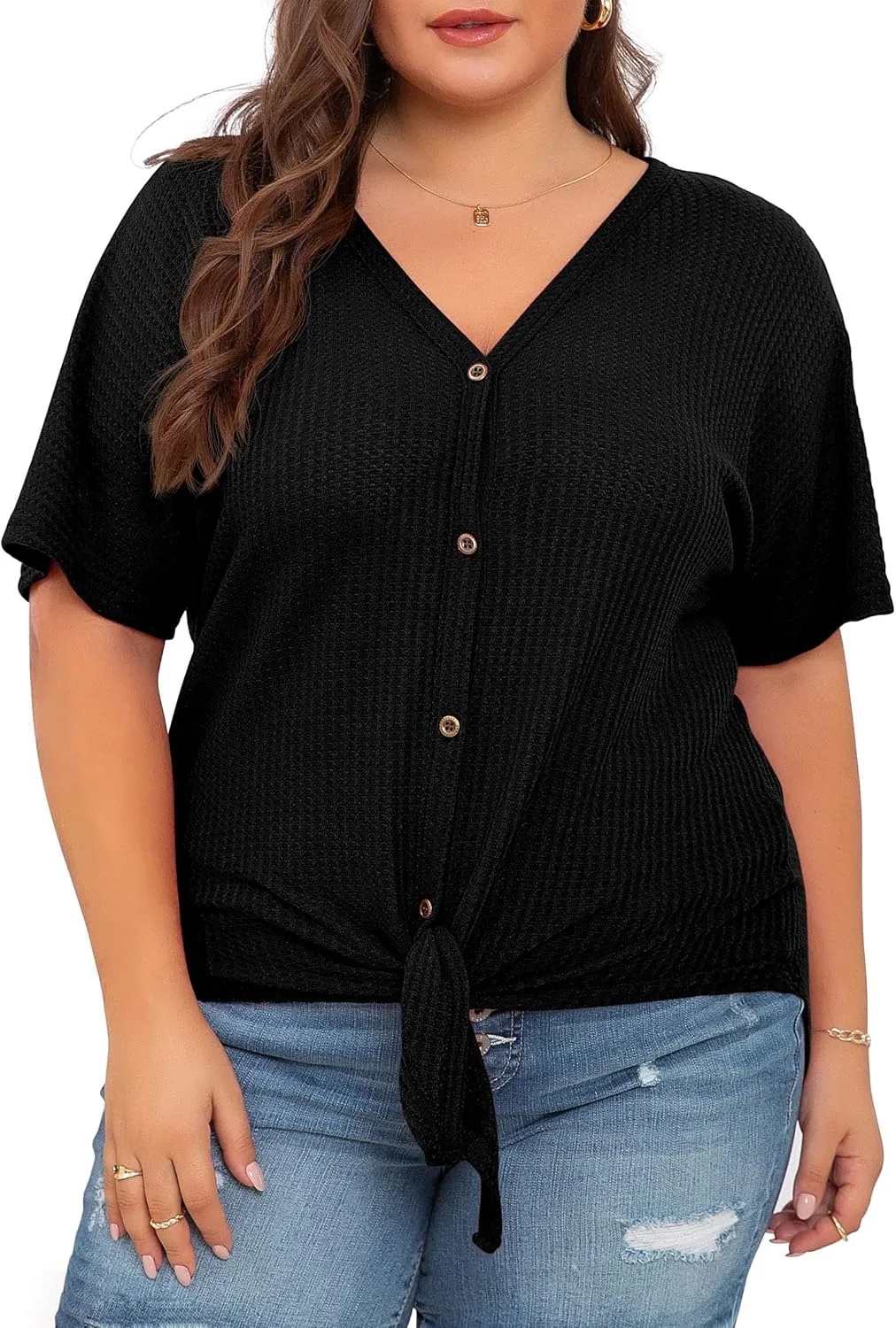 OLRIK Womens Plus Size Tops Short Sleeve V Neck Waffle Knit Tunic Blouse Tie Front Button Up T Shirts