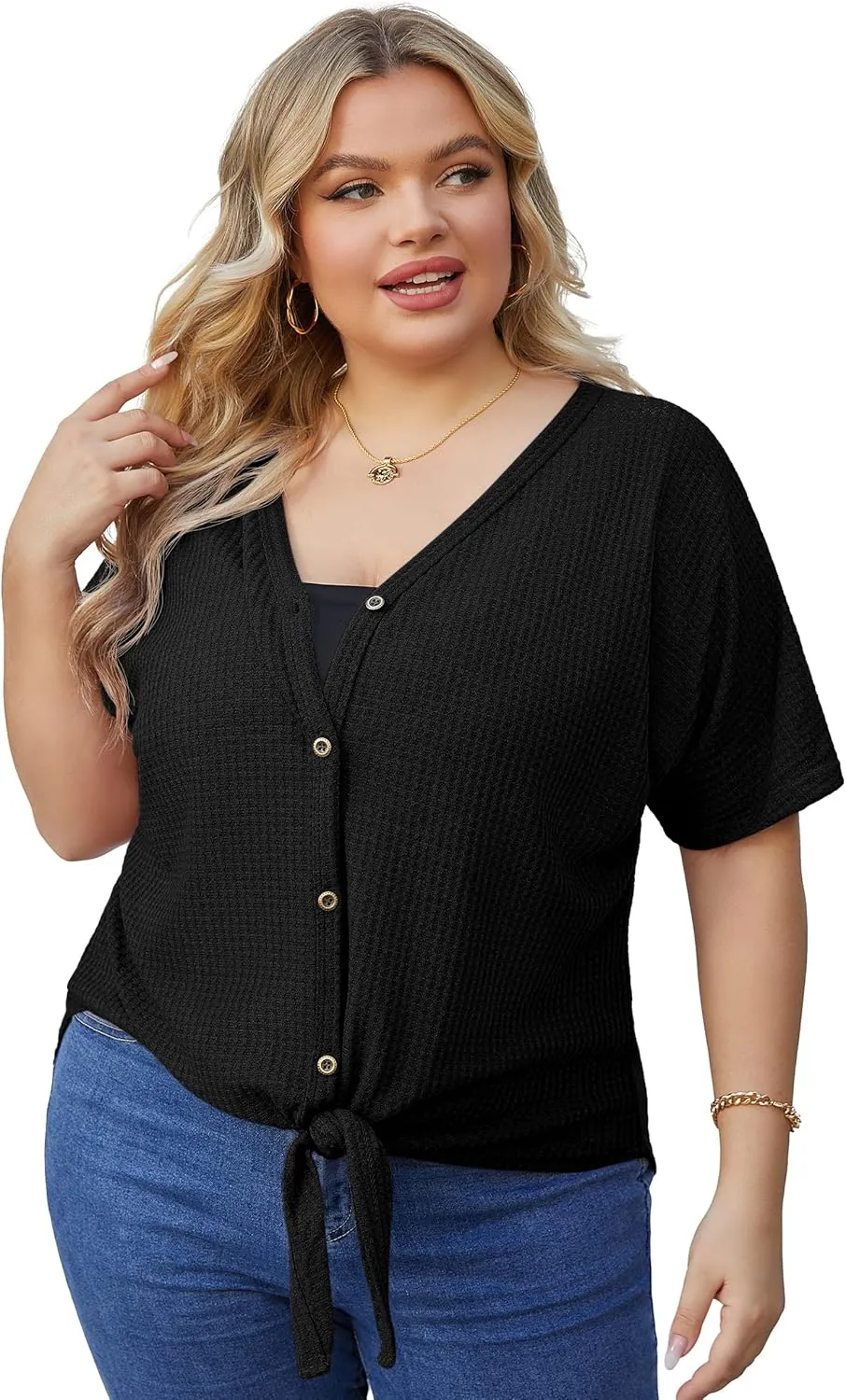 OLRIK Womens Plus Size Tops Short Sleeve V Neck Waffle Knit Tunic Blouse Tie Front Button Up T Shirts