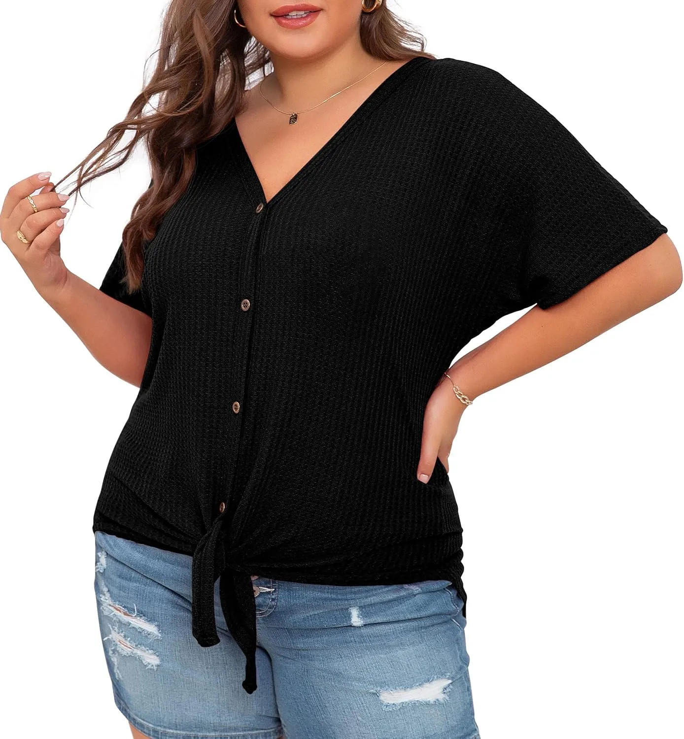 OLRIK Womens Plus Size Tops Short Sleeve V Neck Waffle Knit Tunic Blouse Tie Front Button Up T Shirts