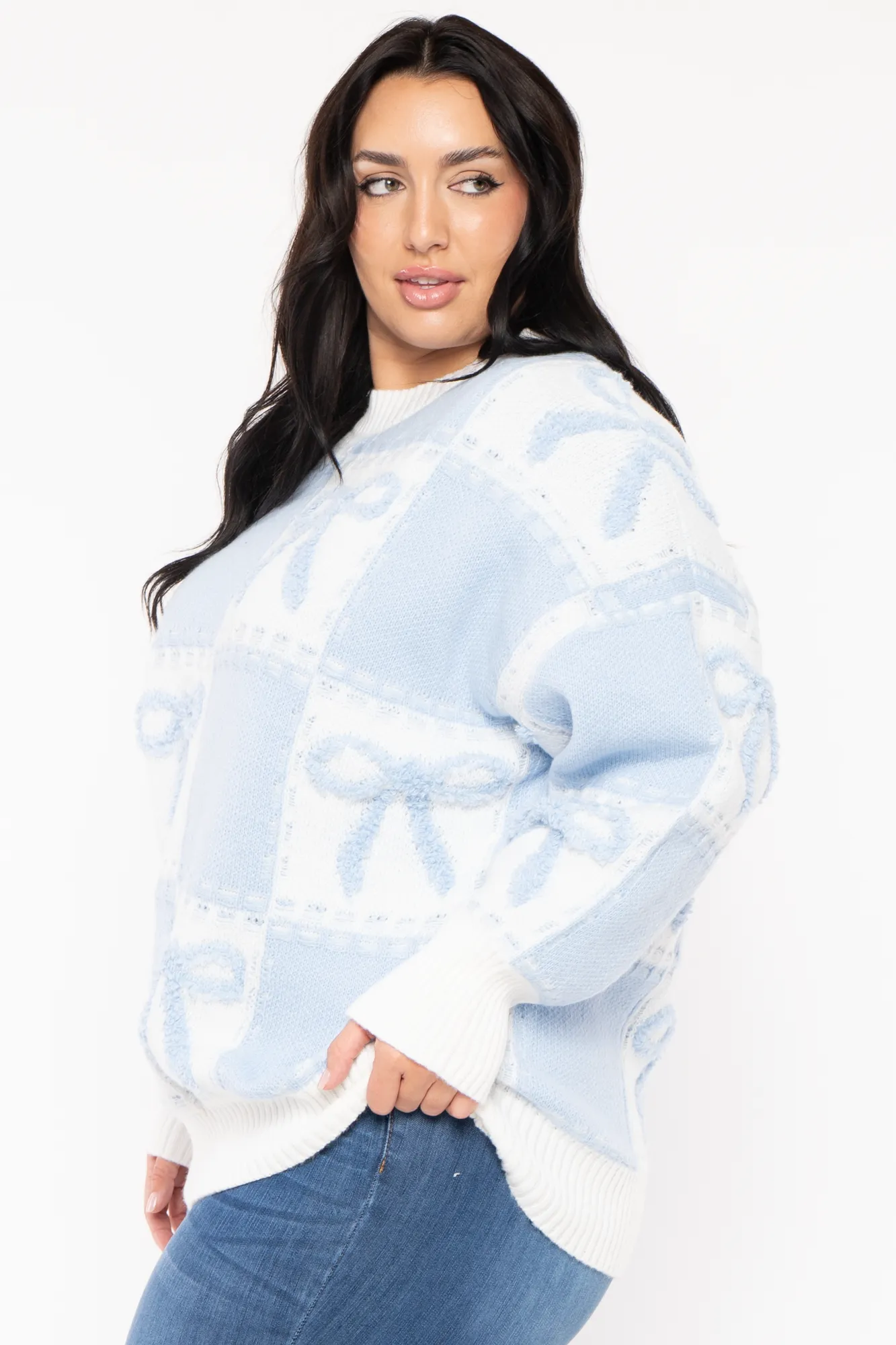 Plus Size  Bow Oversize Sweater  - Blue