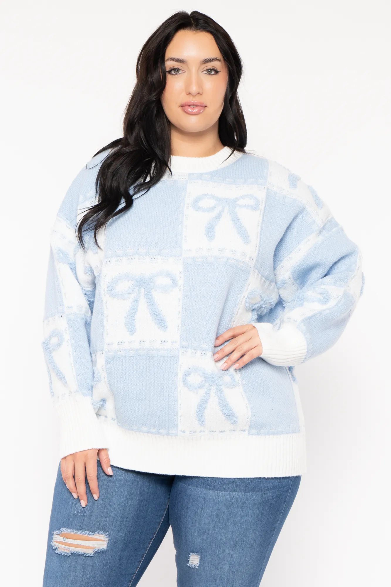 Plus Size  Bow Oversize Sweater  - Blue
