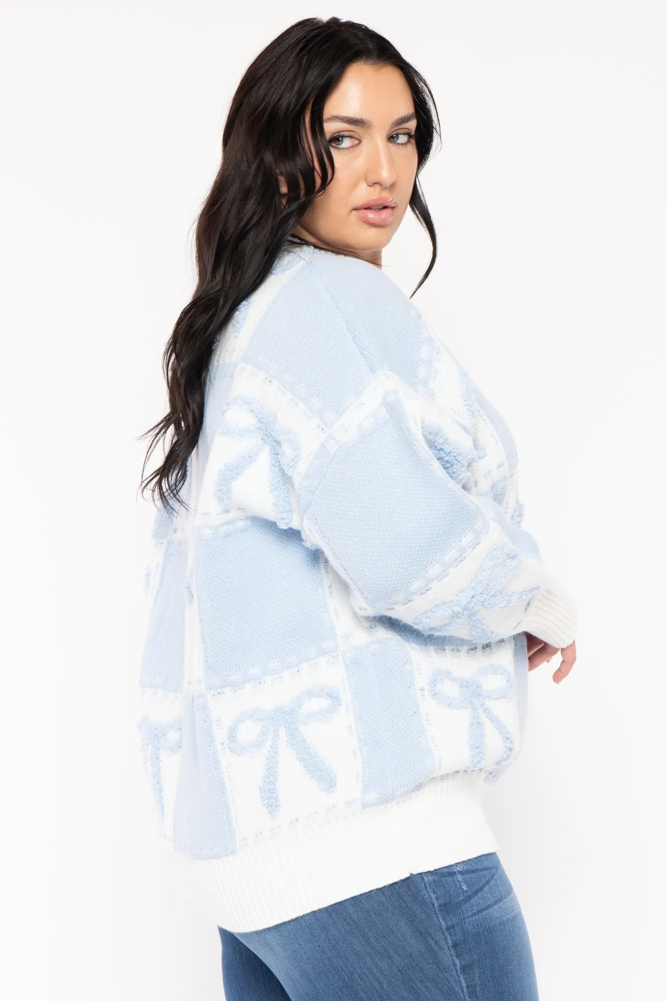 Plus Size  Bow Oversize Sweater  - Blue
