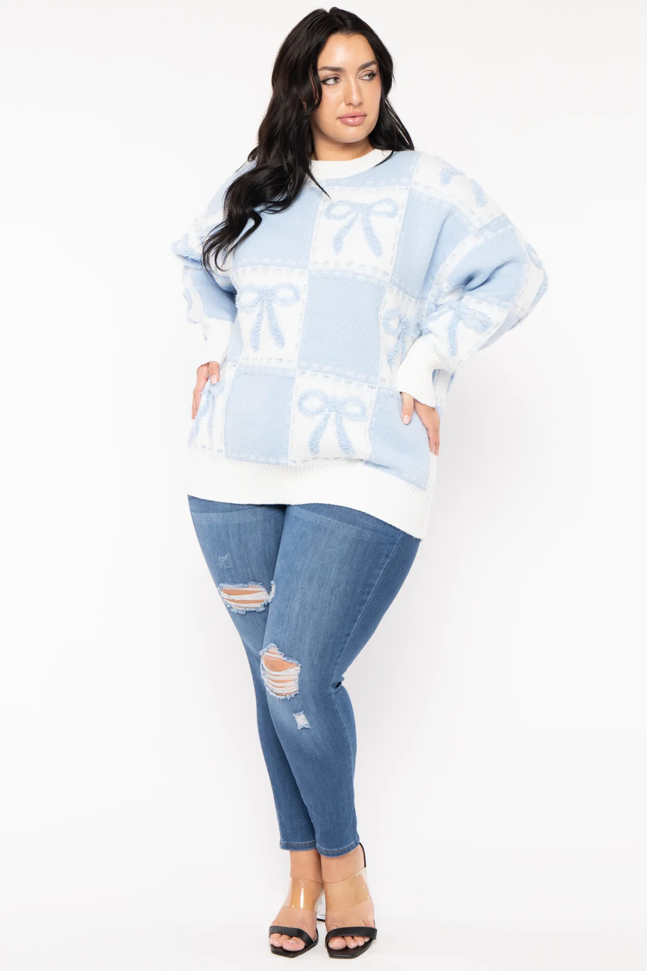 Plus Size  Bow Oversize Sweater  - Blue