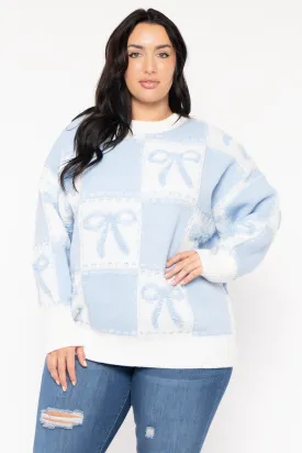 Plus Size  Bow Oversize Sweater  - Blue