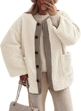 PRETTYGARDEN Women's Warm Winter Coats Casual Long Sleeve Button up Fuzzy Sherpa Fleece Jackets Outerwear