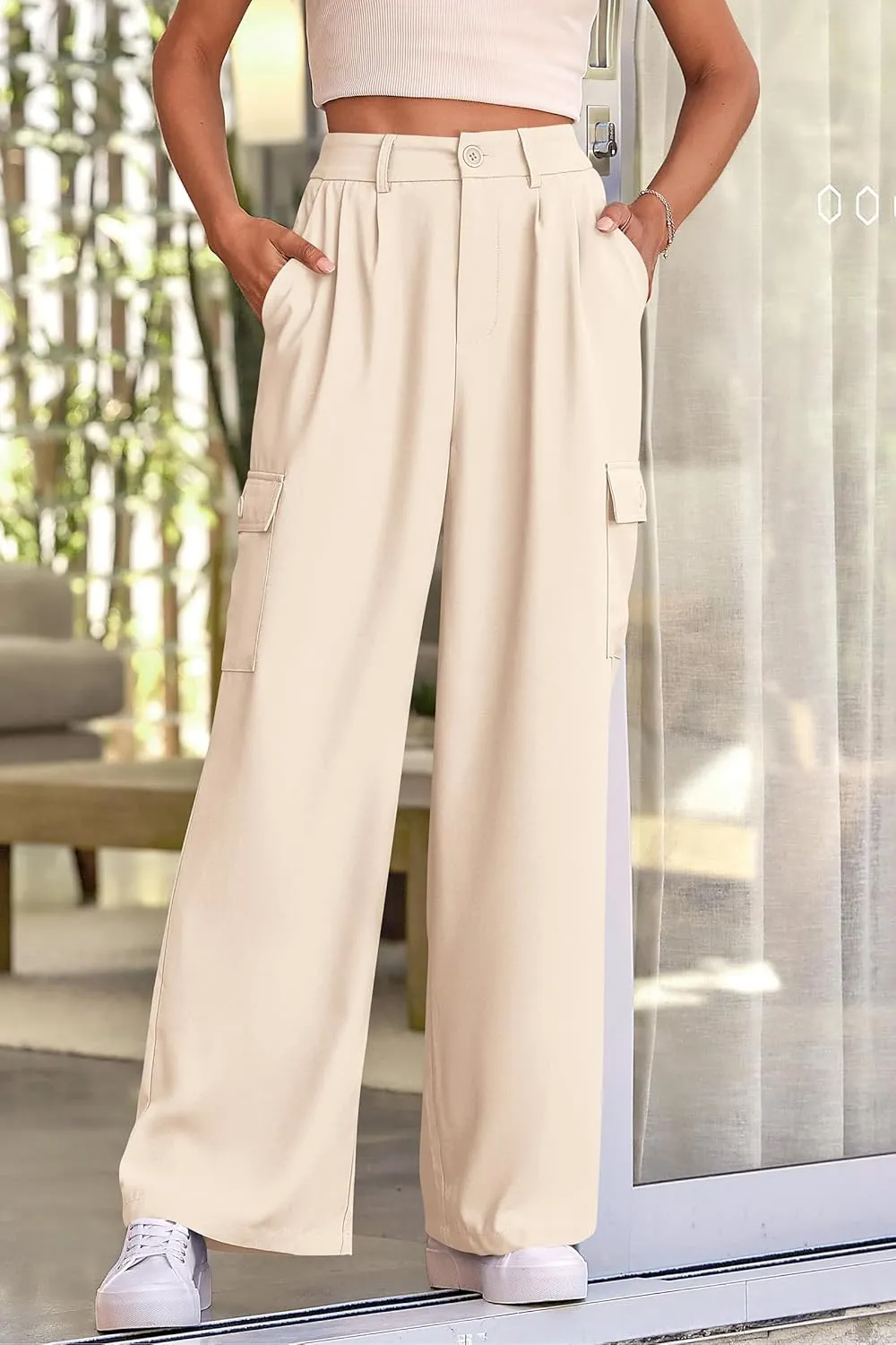 PRETTYGARDEN Women's Wide Leg Cargo Pants High Waist Business Casual Trousers Pant with Pockets