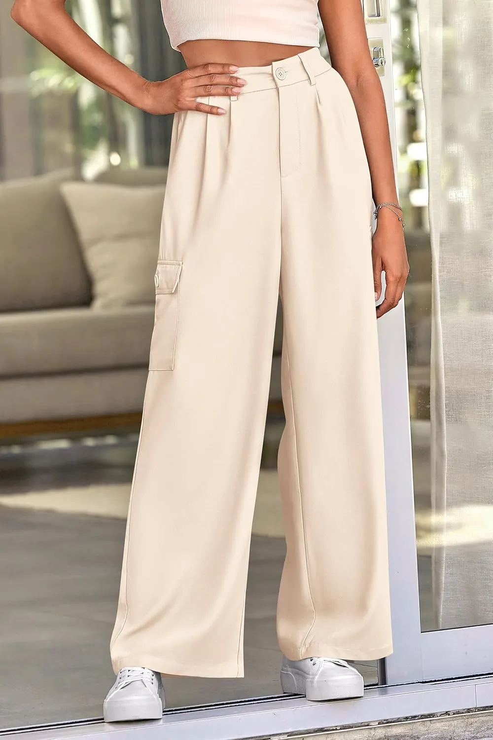 PRETTYGARDEN Women's Wide Leg Cargo Pants High Waist Business Casual Trousers Pant with Pockets