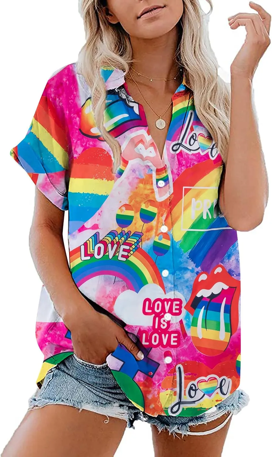 Pride Outfits for Women LGBT Shirts - Rainbow Graphic Tees Inspirational V Neck T-Shirt Short Sleeve Button up Tops