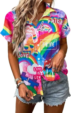 Pride Outfits for Women LGBT Shirts - Rainbow Graphic Tees Inspirational V Neck T-Shirt Short Sleeve Button up Tops