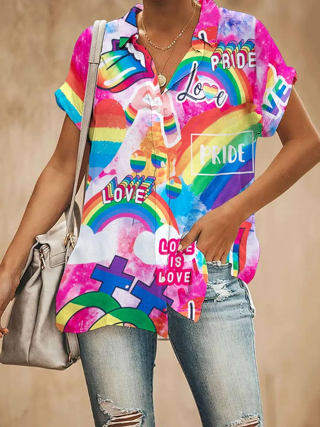 Pride Outfits for Women LGBT Shirts - Rainbow Graphic Tees Inspirational V Neck T-Shirt Short Sleeve Button up Tops