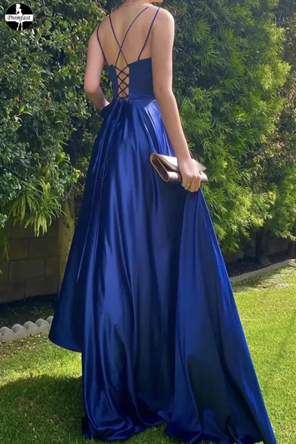 Promfast Satin Royal Blue V neck Prom Dresses, A Line Lace up Evening Dresses for sale PFP1954