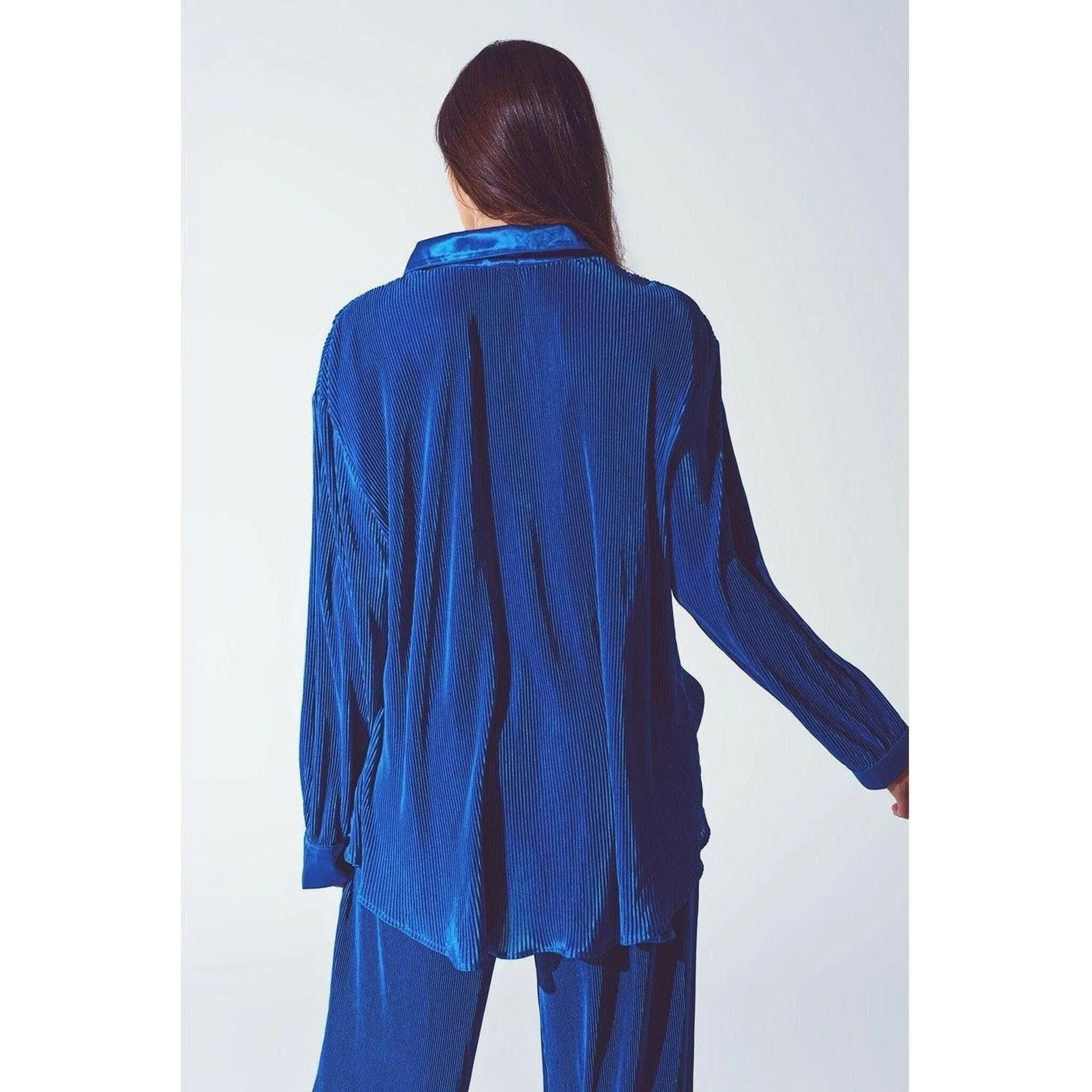 Relaxed Pleated Satin Shirt in Blue