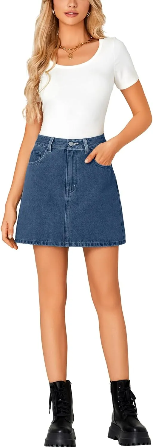Rooscier Women's High Waisted Jean Skirt Trendy Summer Button Up Denim Mini Skirt