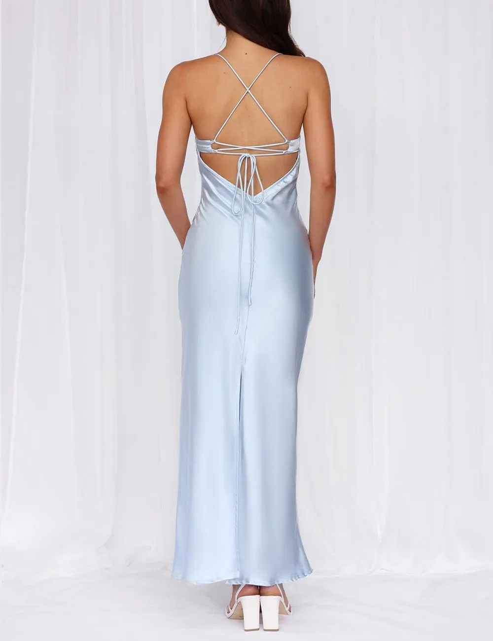 Summer Sexy Satin Spaghetti Strap Maxi Dress for Women Backless Sleeveless Slit Tie Back Cocktail Dresses Wedding Guest