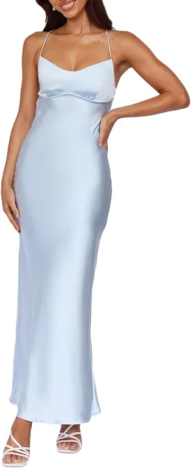 Summer Sexy Satin Spaghetti Strap Maxi Dress for Women Backless Sleeveless Slit Tie Back Cocktail Dresses Wedding Guest