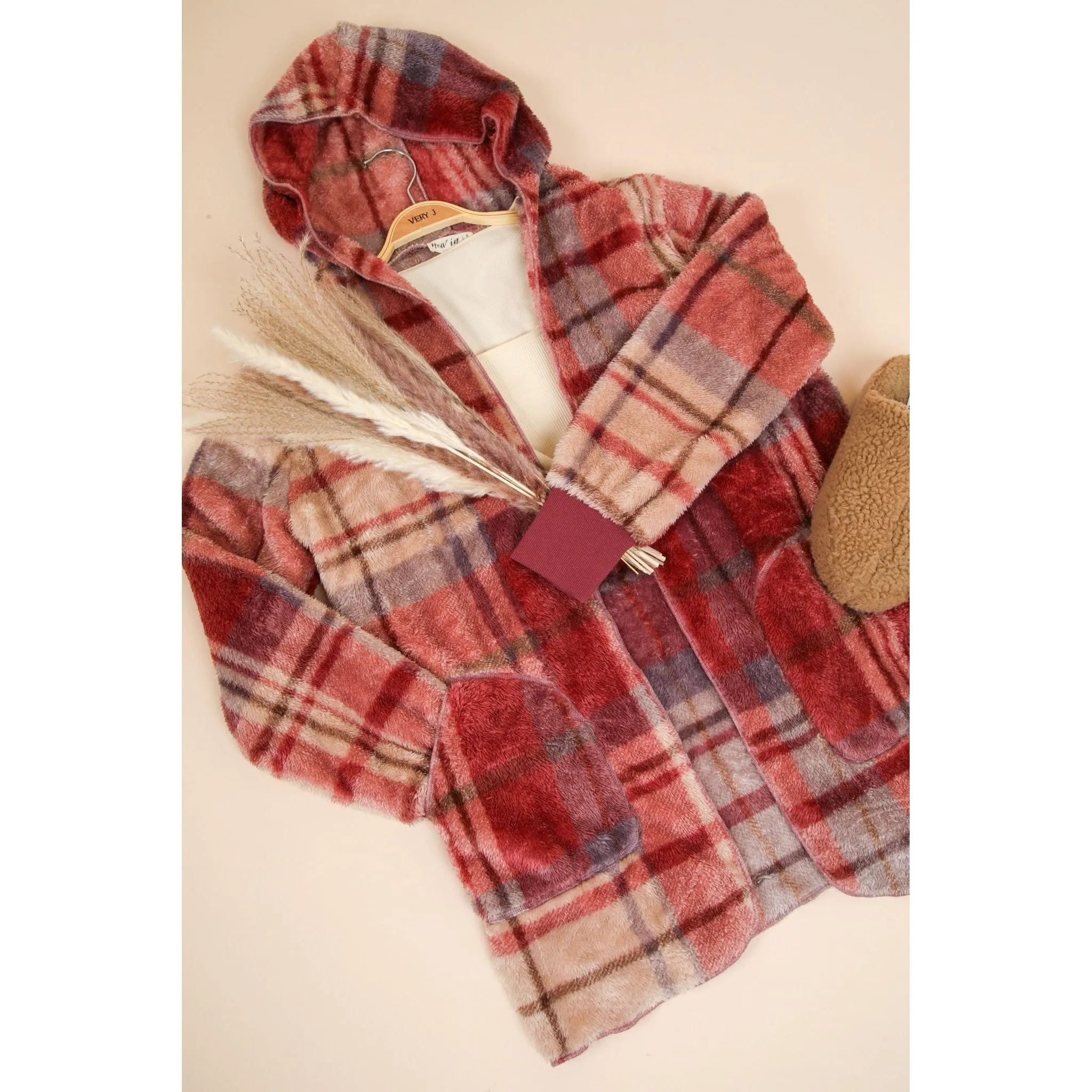 The Fireside Brick Fuzzy Plaid Hooded Jacket