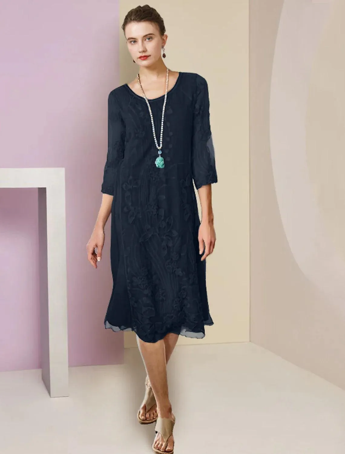 Two Piece Sheath / Column Mother of the Bride Dress Formal Wedding Guest Elegant Scoop Neck Knee Length Chiffon Lace Half Sleeve Jacket Dresses with Appliques