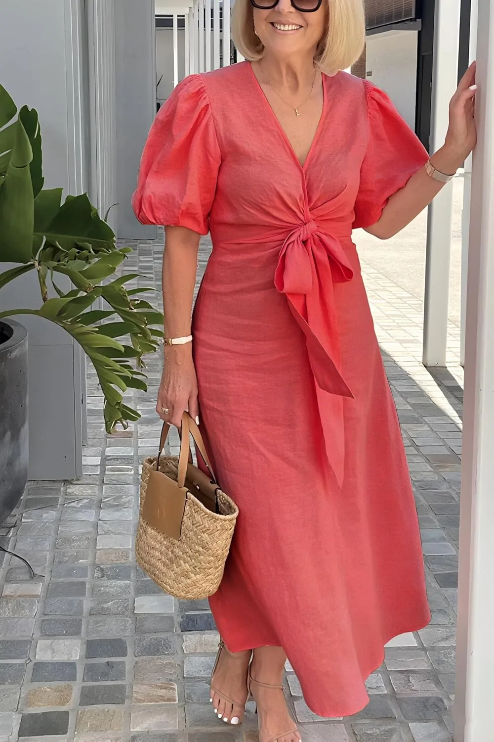 utcoco Women's 2025 Summer Casual Wrap V Neck Maxi Dress Puff Sleeve Bow Tie Front A Line Flowy Long Dress