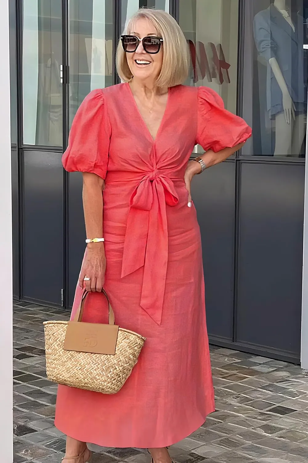 utcoco Women's 2025 Summer Casual Wrap V Neck Maxi Dress Puff Sleeve Bow Tie Front A Line Flowy Long Dress