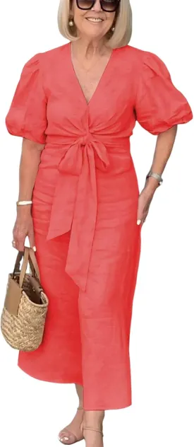 utcoco Women's 2025 Summer Casual Wrap V Neck Maxi Dress Puff Sleeve Bow Tie Front A Line Flowy Long Dress