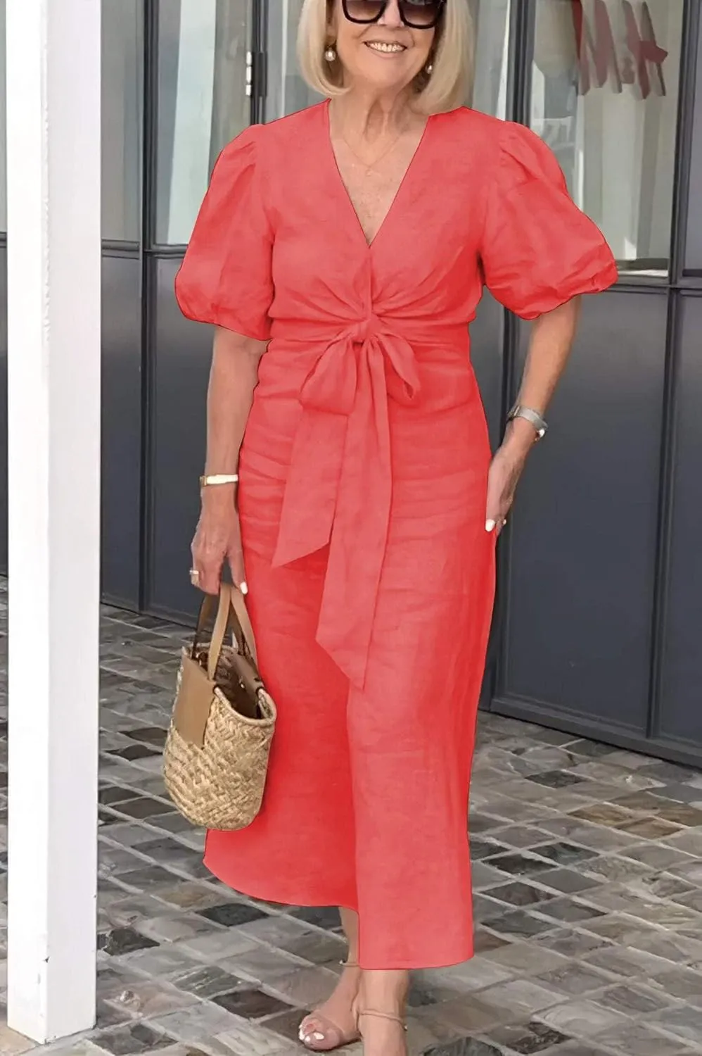 utcoco Women's 2025 Summer Casual Wrap V Neck Maxi Dress Puff Sleeve Bow Tie Front A Line Flowy Long Dress