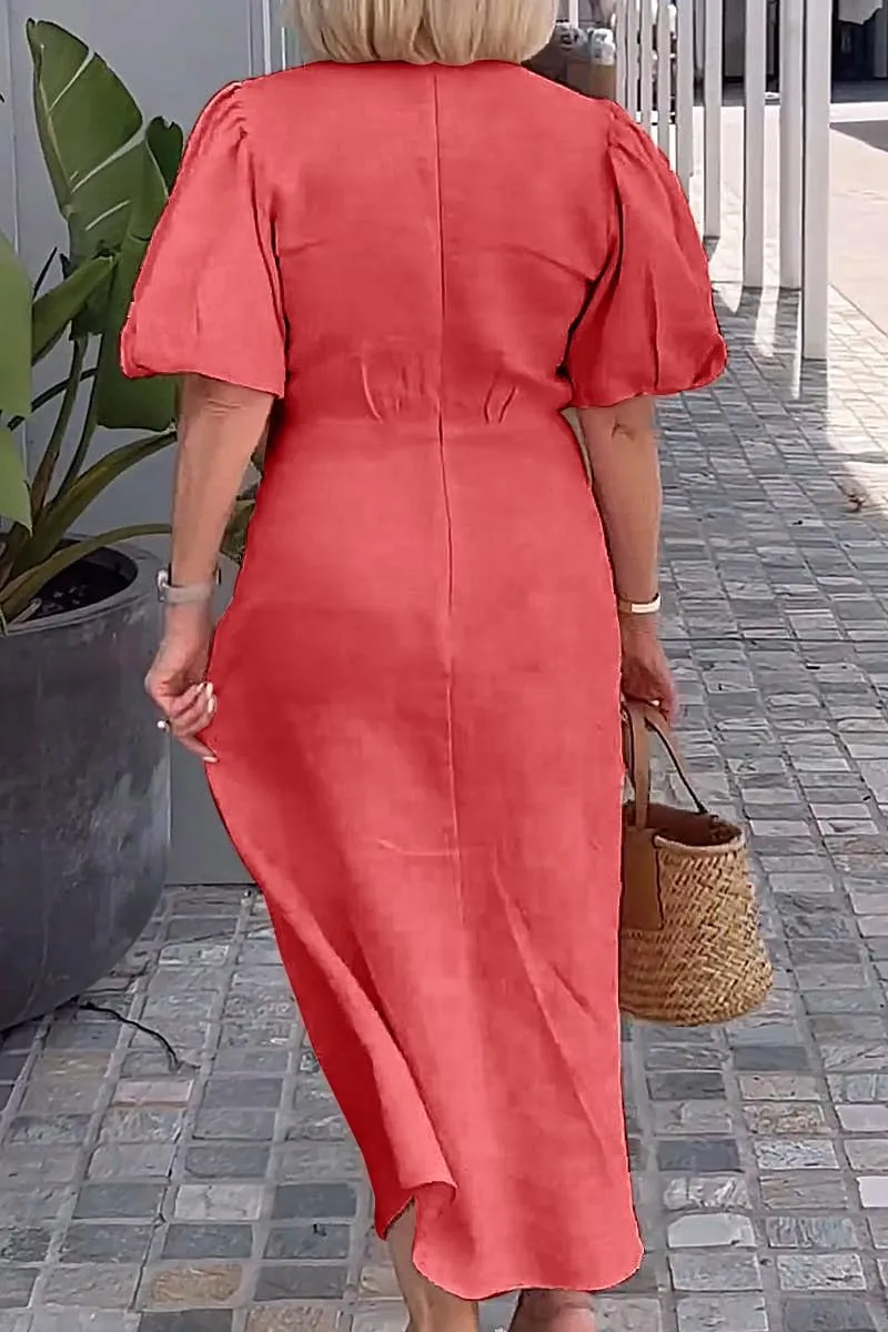 utcoco Women's 2025 Summer Casual Wrap V Neck Maxi Dress Puff Sleeve Bow Tie Front A Line Flowy Long Dress