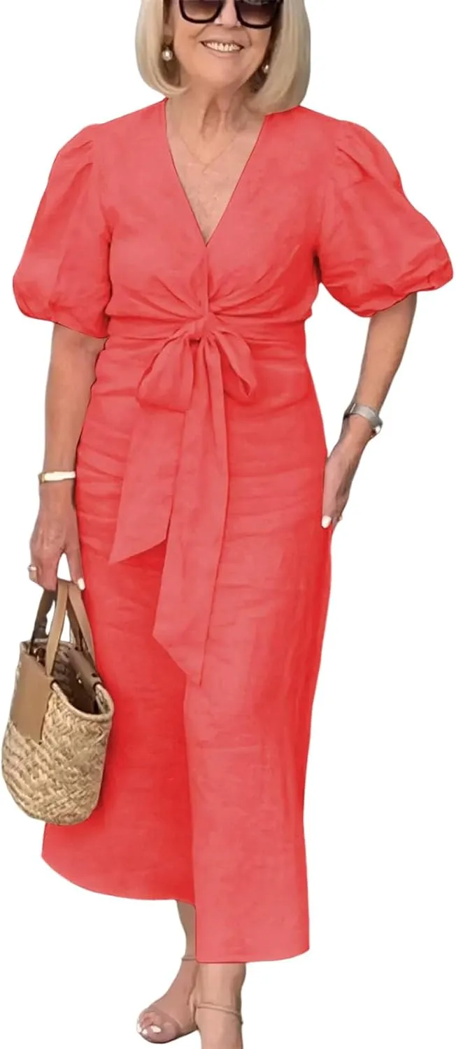 utcoco Women's 2025 Summer Casual Wrap V Neck Maxi Dress Puff Sleeve Bow Tie Front A Line Flowy Long Dress