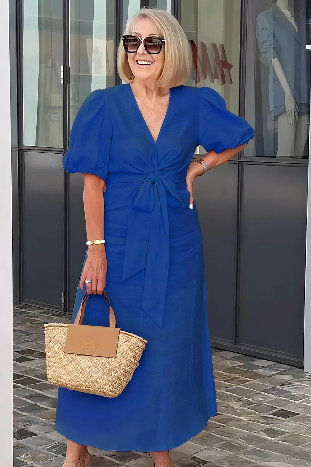 utcoco Women's 2025 Summer Casual Wrap V Neck Maxi Dress Puff Sleeve Bow Tie Front A Line Flowy Long Dress