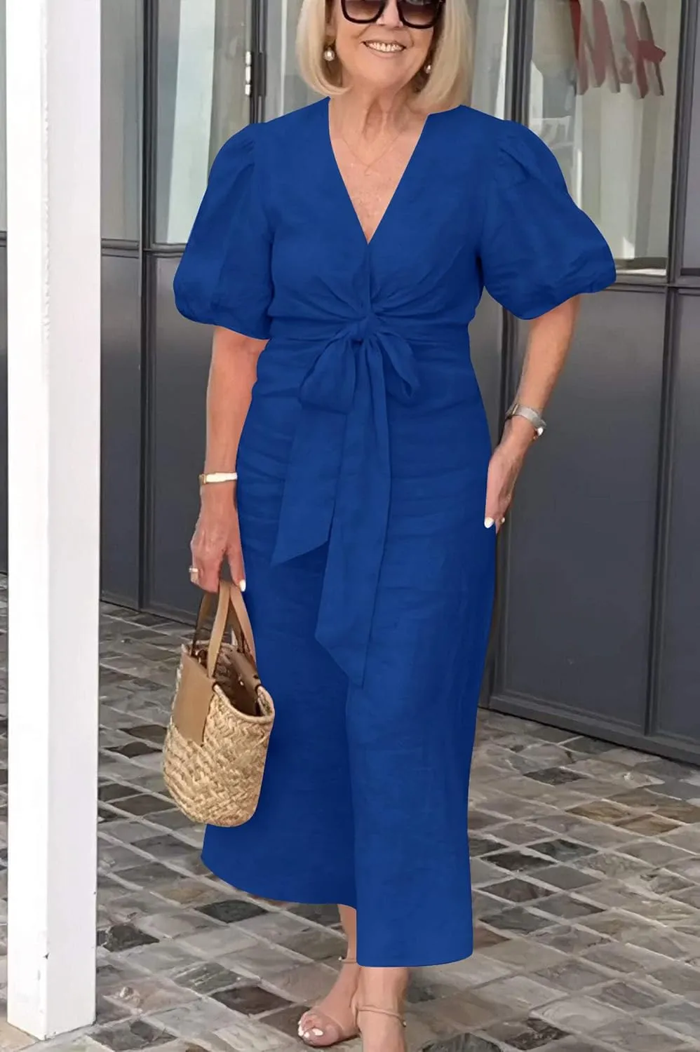 utcoco Women's 2025 Summer Casual Wrap V Neck Maxi Dress Puff Sleeve Bow Tie Front A Line Flowy Long Dress