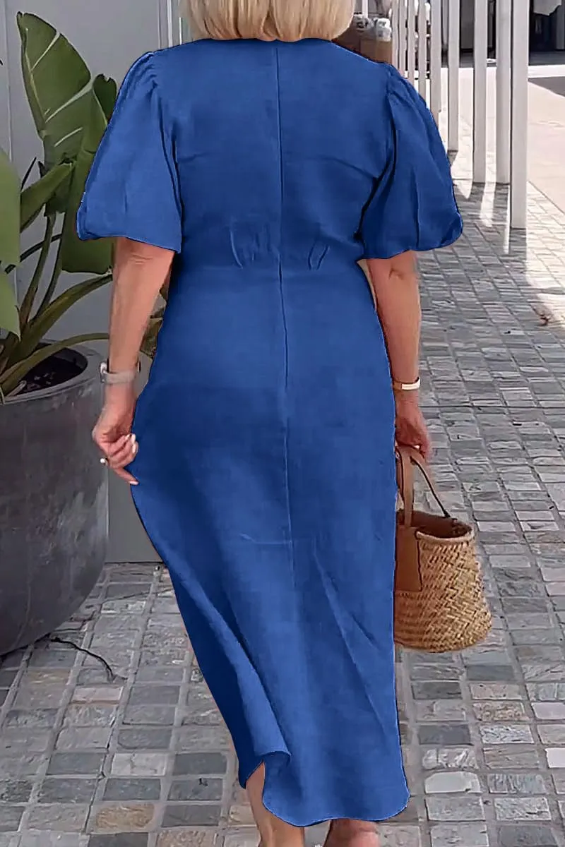 utcoco Women's 2025 Summer Casual Wrap V Neck Maxi Dress Puff Sleeve Bow Tie Front A Line Flowy Long Dress