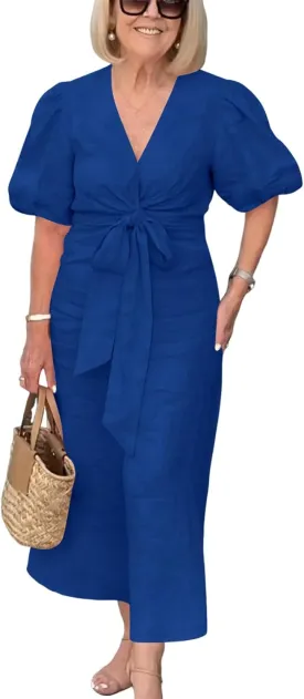 utcoco Women's 2025 Summer Casual Wrap V Neck Maxi Dress Puff Sleeve Bow Tie Front A Line Flowy Long Dress