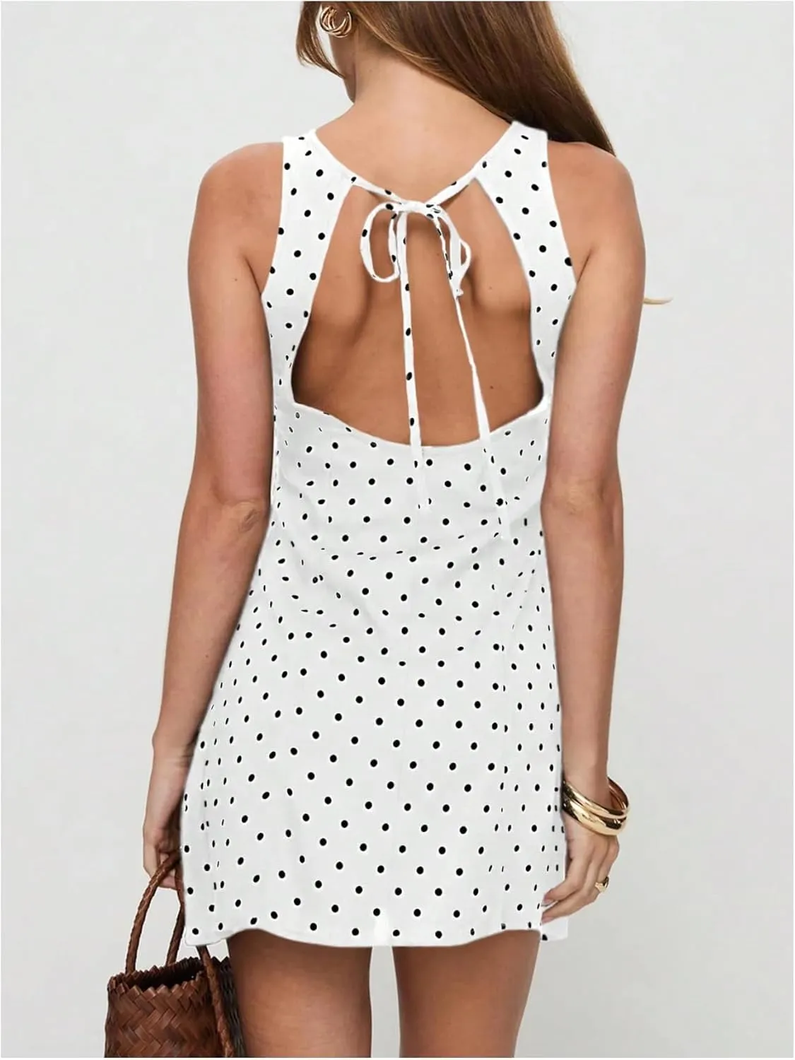 Verdusa Women's Polka Dots Tie Back Mini Dress Sleeveless Backless Tank Dress