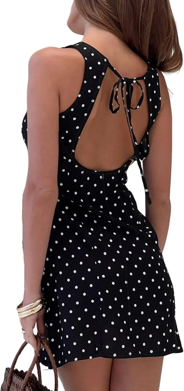 Verdusa Women's Polka Dots Tie Back Mini Dress Sleeveless Backless Tank Dress