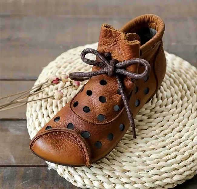 Vintage Brown Cowhide Women's Boots with Hollow Out Design