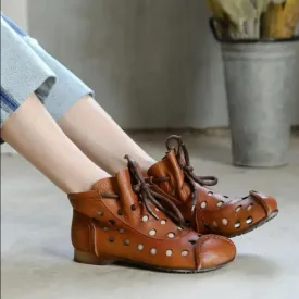 Vintage Brown Cowhide Women's Boots with Hollow Out Design