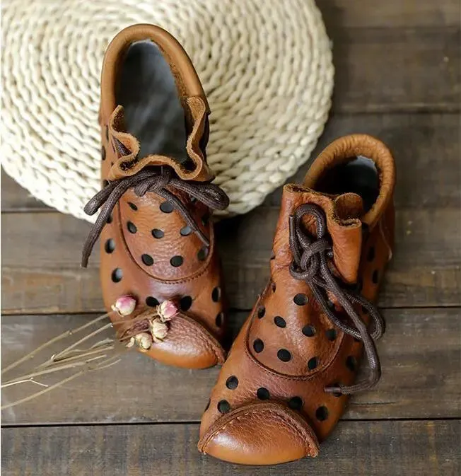 Vintage Brown Cowhide Women's Boots with Hollow Out Design
