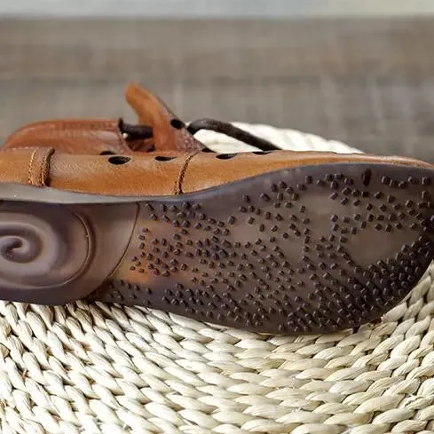 Vintage Brown Cowhide Women's Boots with Hollow Out Design