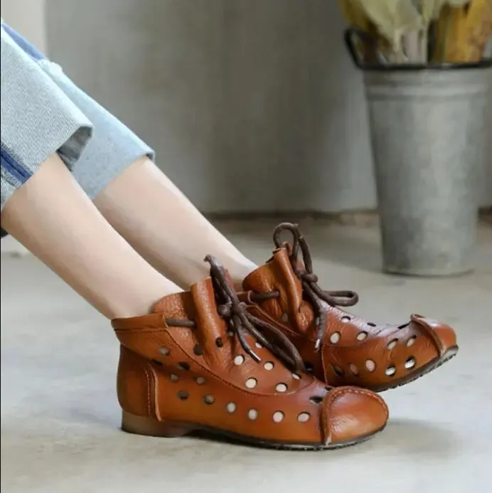 Vintage Brown Cowhide Women's Boots with Hollow Out Design