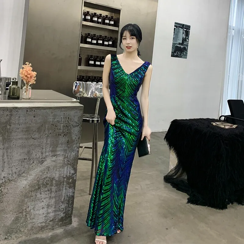 wei yin AE0240 Green Evening Dresses V-Neck Mermaid Sequined Formal Dresses Women Elegant Party Gowns 2022 Robe De Soiree