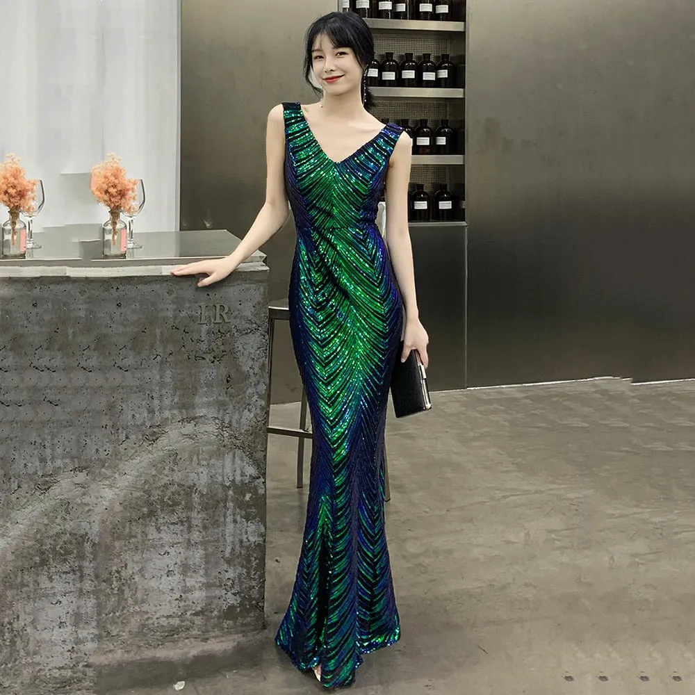 wei yin AE0240 Green Evening Dresses V-Neck Mermaid Sequined Formal Dresses Women Elegant Party Gowns 2022 Robe De Soiree