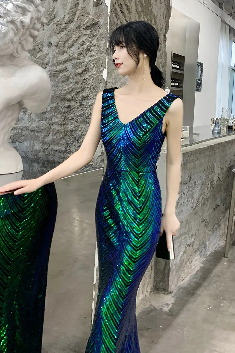 wei yin AE0240 Green Evening Dresses V-Neck Mermaid Sequined Formal Dresses Women Elegant Party Gowns 2022 Robe De Soiree