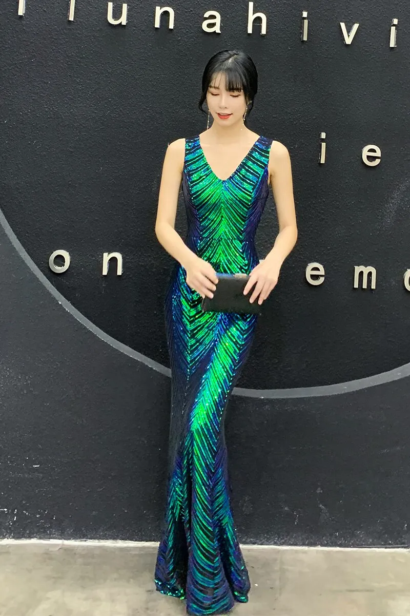 wei yin AE0240 Green Evening Dresses V-Neck Mermaid Sequined Formal Dresses Women Elegant Party Gowns 2022 Robe De Soiree