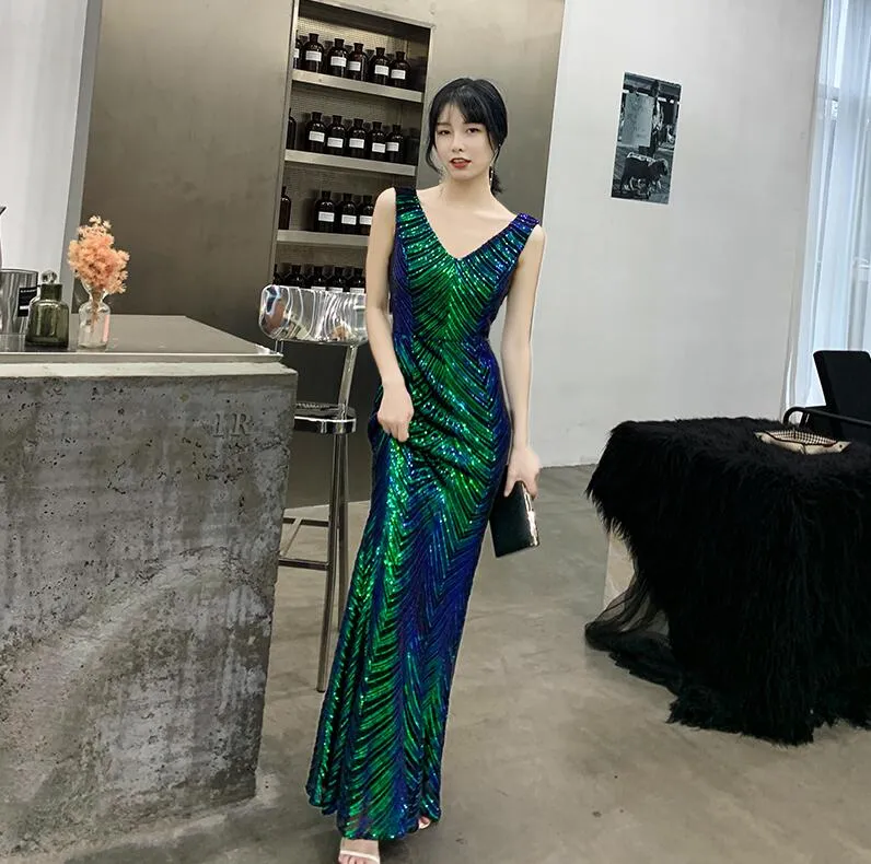 wei yin AE0240 Green Evening Dresses V-Neck Mermaid Sequined Formal Dresses Women Elegant Party Gowns 2022 Robe De Soiree