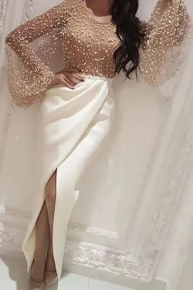 White Round Neck Beads Mermaid Long Prom Dress With Pearls Evening Dress PFP1600